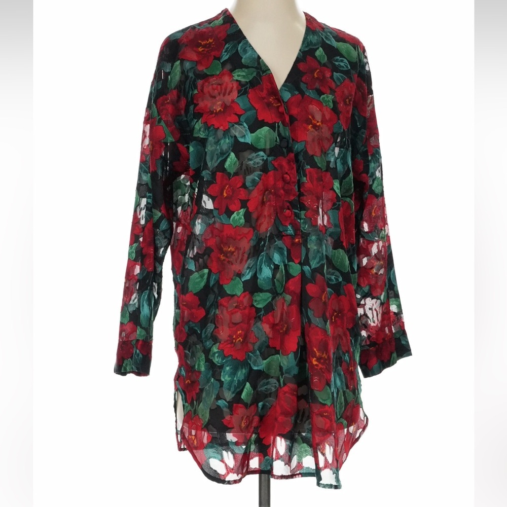 Victoria's Secret Gold Label SHEER Red Floral  Sleep Shirt romantic